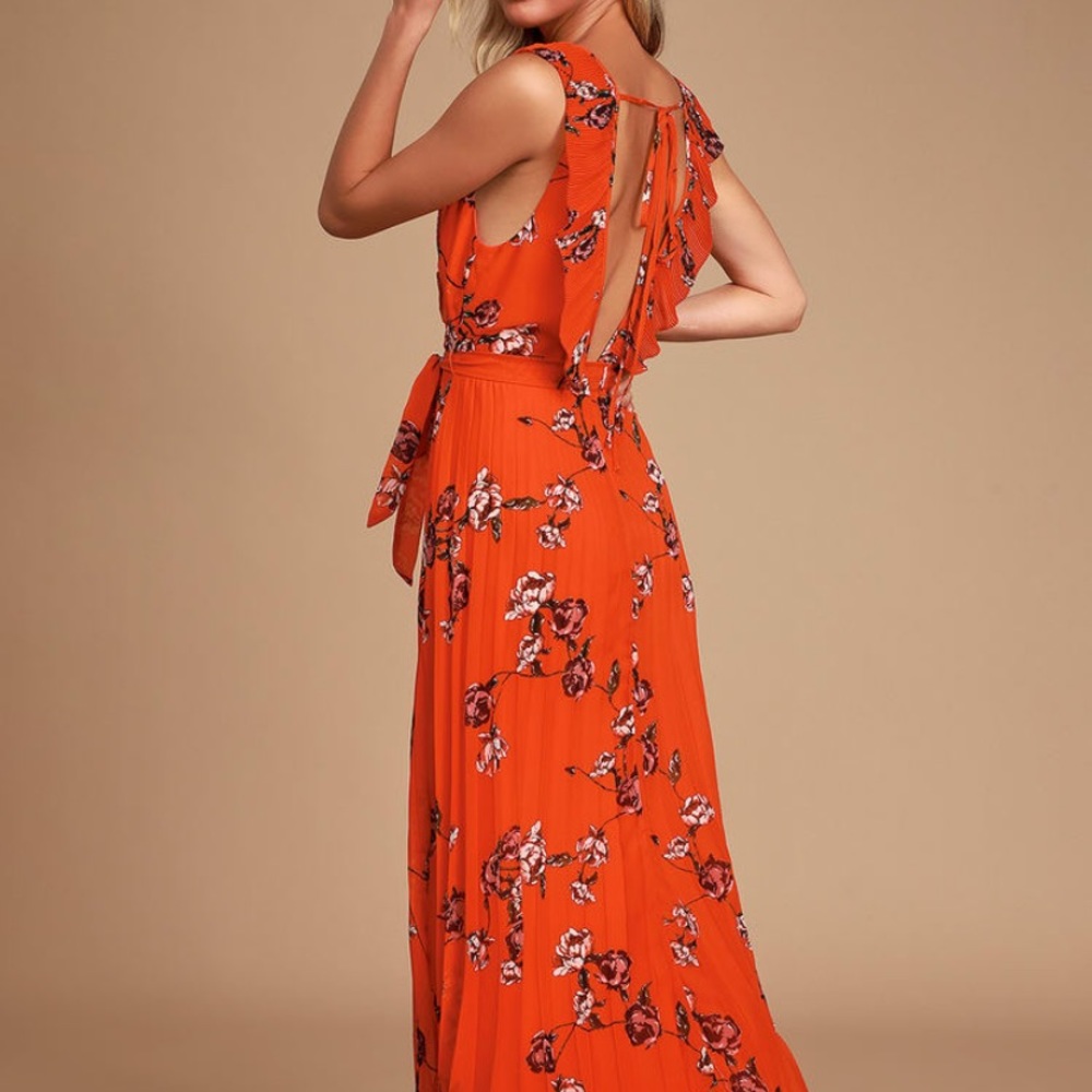 Orange Floral Print Pleated Chiffon Maxi Dress